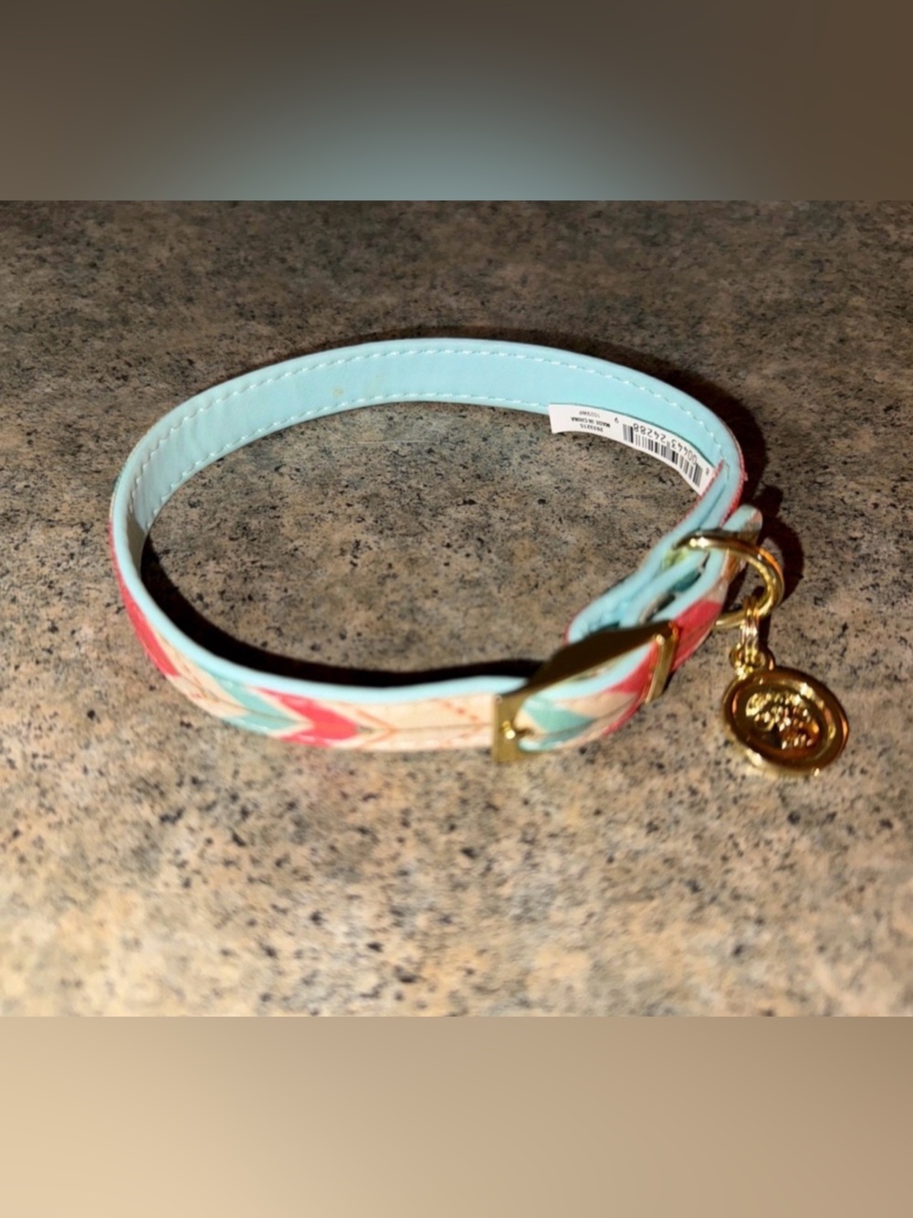 Aqua and Coral Patterned Collar with Gold Charm